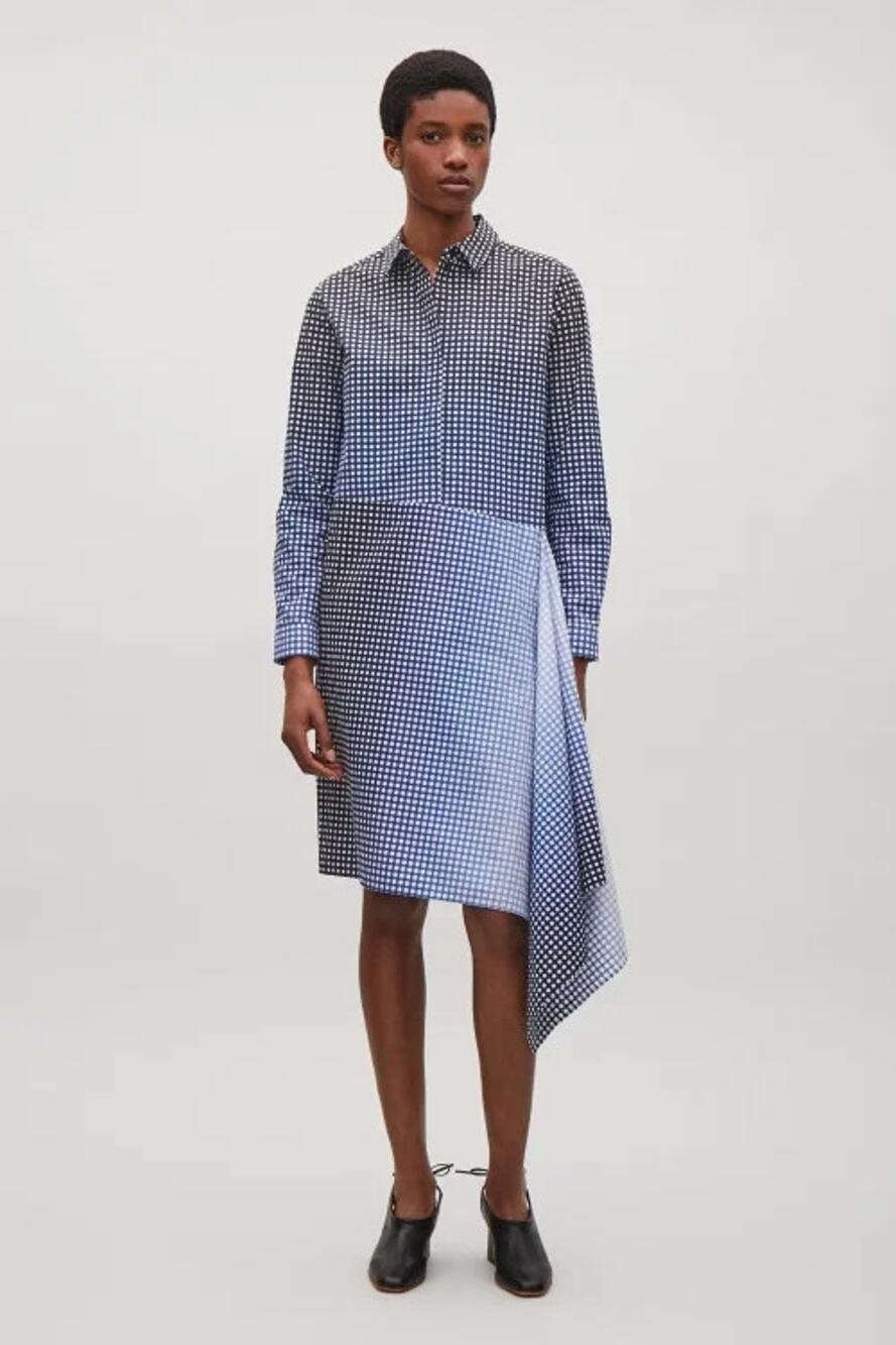 COS Asymmetrical Drape Shirt Dress Blue Black Checker Minimalist US 8